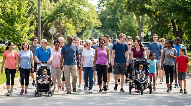 Large group of diverse people walking down sunny neighborhood street.