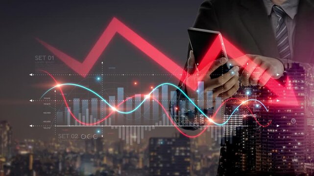 Economic caution visualized with fluctuating market graph, alert symbols, and negative data trends. Represents financial risk, market volatility, and economic uncertainty. Muxer