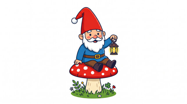 Cute Garden Gnome Sitting on Mushroom Holding Lantern Vector