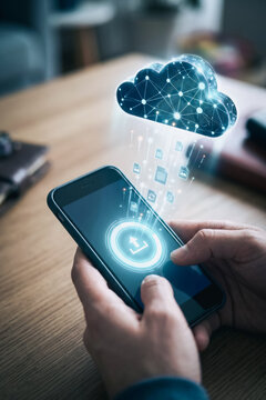 Person uploading files to cloud storage on smartphone