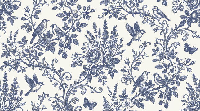 Vintage blue toile de Jouy seamless pattern with birds and flowers