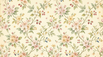 Vintage seamless floral pattern with blooming blossoms and berries © Sendang