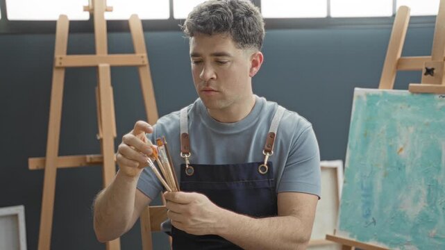 Man examines and arranges paintbrushes with bare hands beside easel and canvas in art studio, wearing apron and squinting toward window; quiet concentration.