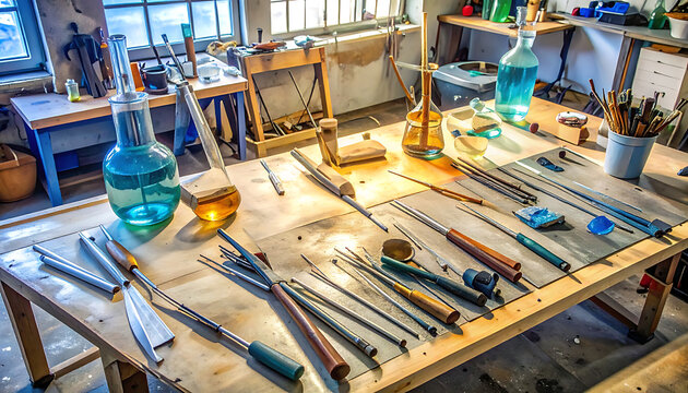 Wooden workbench with various glassblowing tools.