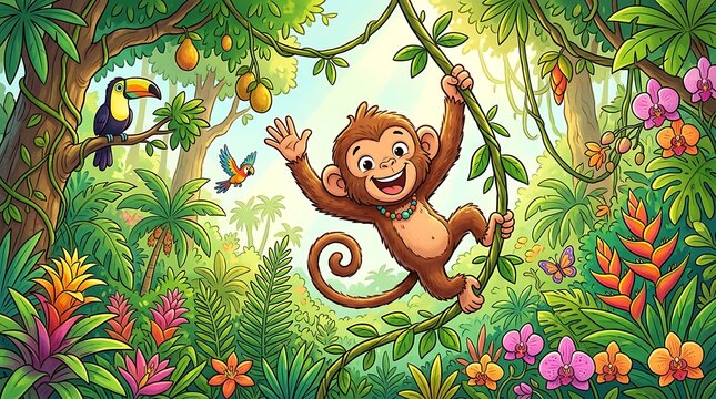 Cute monkey swinging on a vine in jungle. Happy cartoon primate playing in tropical forest.