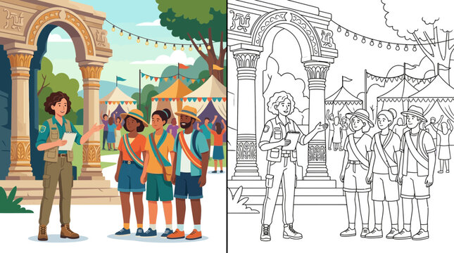 Scout Leader Guides Diverse Group of Children at Outdoor Festival Entrance