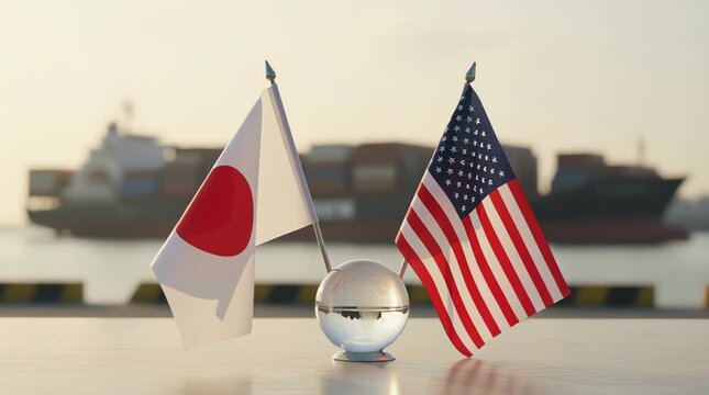 Flags representing Japan and the United States stand upright in a glass base before a large cargo ship at sea, symbolizing international trade relations and global economic partnership agreements.