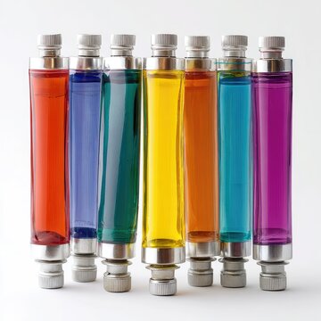 Close-up of seven cylindrical glass objects filled with vivid, transparent liquids in various colors, silver tops and bottoms, on a white background