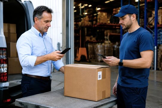 Warehouse worker box mobile phone package delivery scanning verification logistics shipment inventory