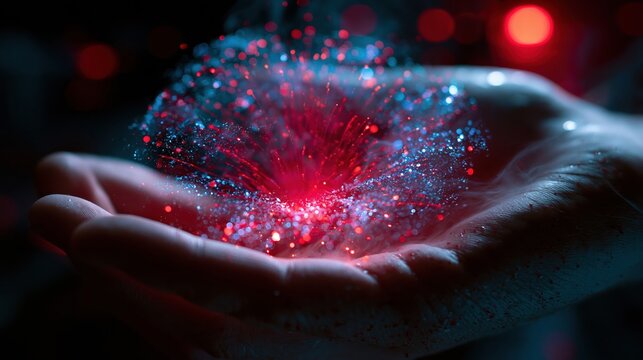 Glowing digital energy held in a cupped human hand, featuring a vibrant red core with blue floating particles and fiber optic trails for technology and innovation concepts