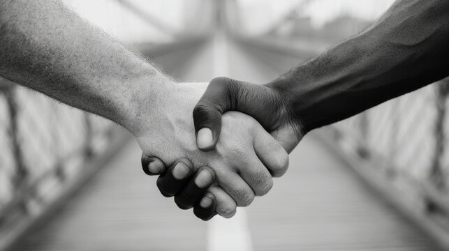 A close-up black and white photograph of two people shaking hands on a bridge, symbolizing unity and partnership.