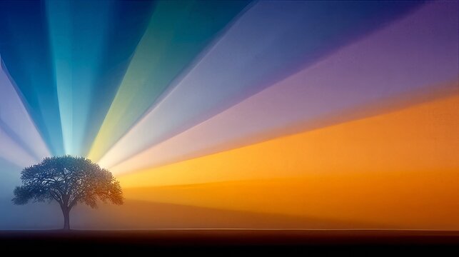 A solitary tree silhouette standing against a vibrant, multi-colored radial light burst spanning blue, purple, and orange hues.