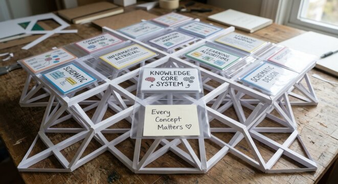 Knowledge Core System with Flashcards and Sticky Notes on a Wooden Table