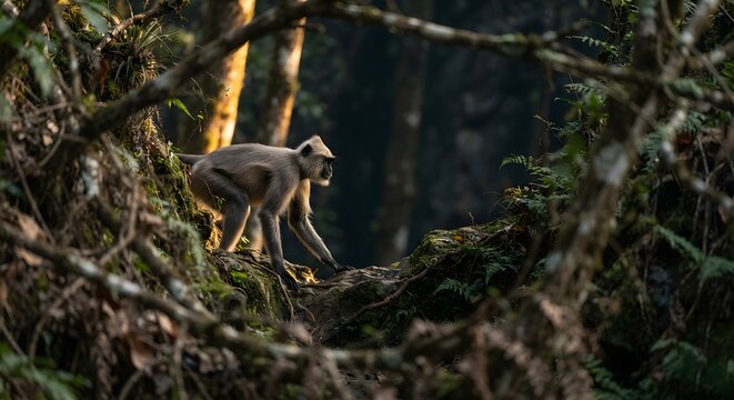 A gray langur monkey moving through a lush forest
