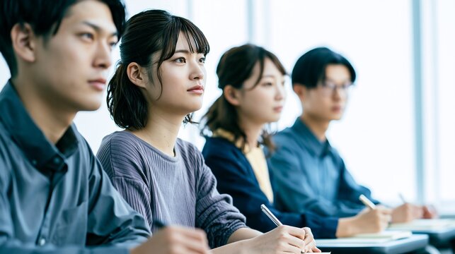 大学の講義やセミナーでノートを取りながら真剣に学ぶ学生たち