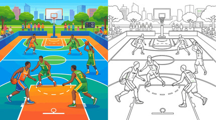 Naklejka premium Basketball Game Court Action, Players Competing in Outdoor City Park Arena