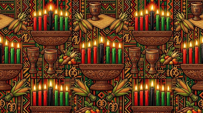 Vibrant Kwanzaa Seamless Pattern with Kinara and African Symbols