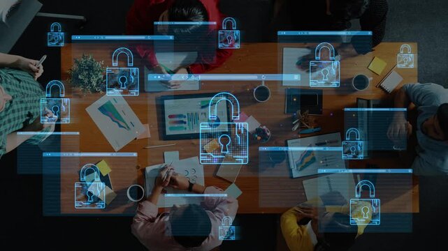 Collaborative Business Meeting Focused on Data Security with Digital Lock Icons Representing Confidentiality and Protection of Information. Entropy.