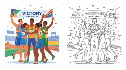Obraz premium Diverse Running Team Celebrates Mixed Relay Victory with Confetti and Cheers