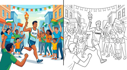 Obraz premium Runner with torch in street race, crowd cheering, festive atmosphere, illustration