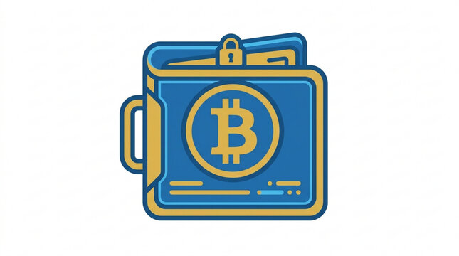 3D bitcoin wallet icon on blue digital safe. Cryptocurrency storage and blockchain security concept with glowing coin symbol.