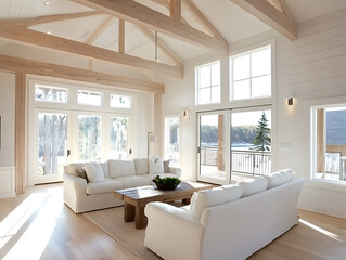 Fototapeta premium Spacious modern living room with vaulted ceilings and large windows overlooking a lake