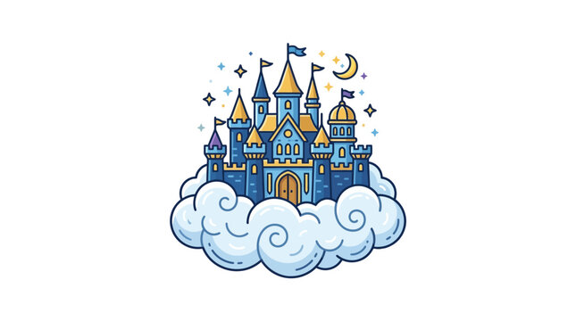A magical fairy tale castle floating on a soft white cloud in the night sky