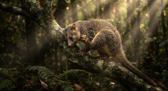 A possum resting on a mossy tree branch in a sunlit forest
