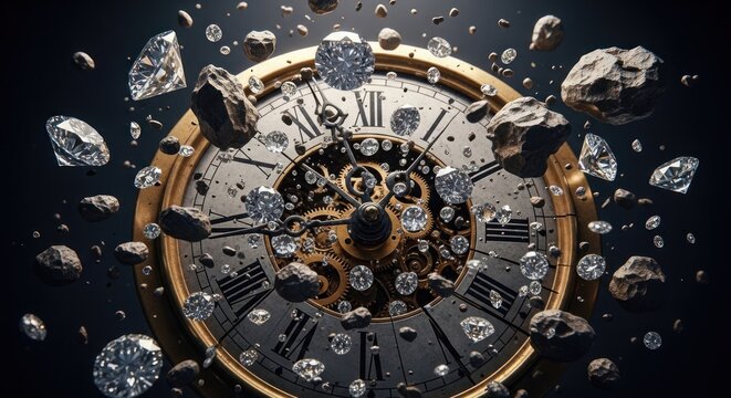 Intricate Clockwork Mechanism Surrounded by Exploding Diamonds and Gemstones.