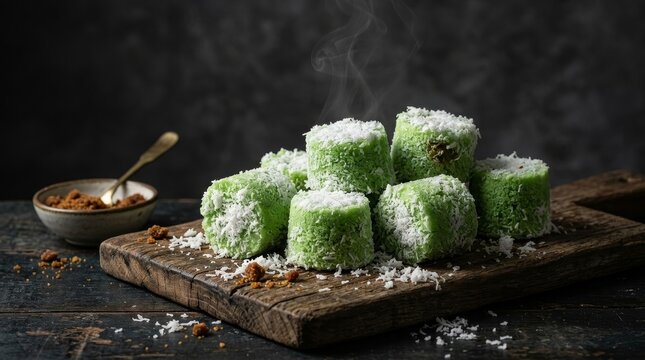 Putu ayu or steamed pandan coconut cake is Indonesian traditional dessert cake on wooden table 