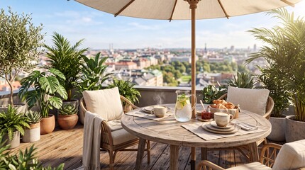 Fototapeta premium Wooden table set for breakfast with coffee and croissants on cozy urban rooftop terrace surrounded by green plants with city view on sunny morning. 