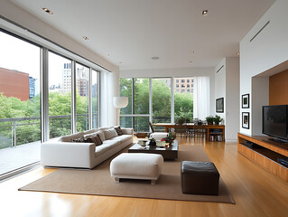 Fototapeta premium Spacious modern living room with large windows and city views