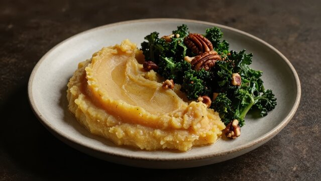 Healthy vegetarian meal featuring creamy mashed cauliflower and saut ed kale topped with crunchy pecans served in a ceramic bowl on a dark rustic textured background
