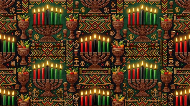 Kwanzaa Seamless Pattern with Kinara Candles and African Motifs