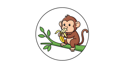 Naklejka premium Cute cartoon monkey eating banana on a tree branch in a circle