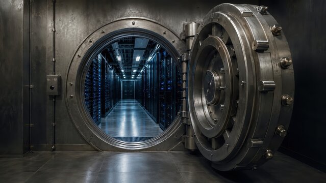 Open Bank Vault Door Leading to a Modern Secure Server Room Data Center