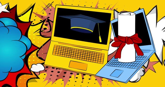 Cartoon Laptop, comic book Notebook with Graduation Cap and Rolled Up Diploma. Retro cartoon comics pop art animation.