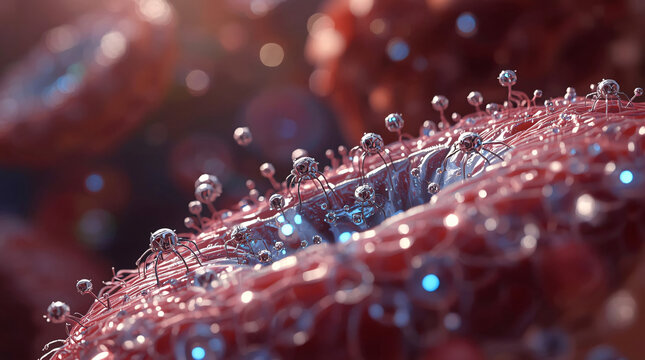 Microscopic 3D Render of a Red Cybernetic Cell with Metallic Receptors and a Glowing Blue Core