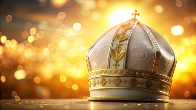 A majestic pope hat sits atop a gleaming golden head partially framed by a soft creamy bokeh background that gently fades into warm sunset hues

visua
