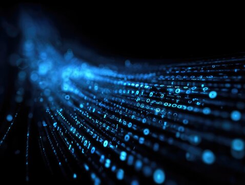An abstract, close-up visualization depicts a flow of illuminated digital data streams, represented by binary code, in shades of blue
