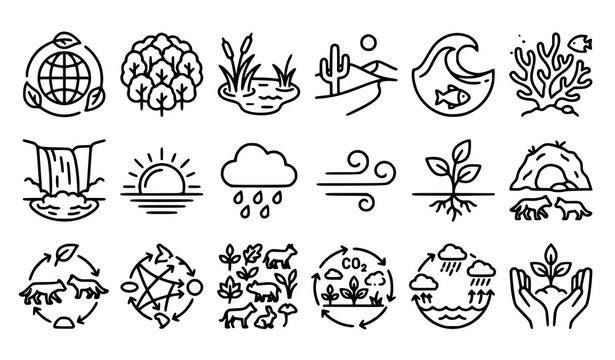 Ecosystem and biomes line icon set featuring global environment habitats forest desert ocean wetlands waterfall weather and biodiversity conservation sustainability symbols for ecology web layouts