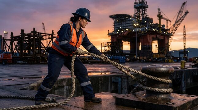 Woman worker at dusk pulls rope on dock with offshore oil rig in background