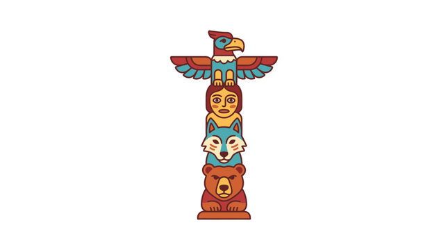 Colorful illustrated totem pole featuring stacked animal and human figures.
