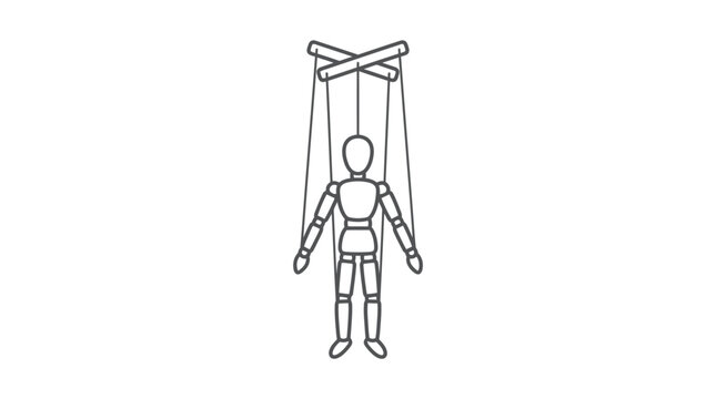 A simple line art illustration of a wooden marionette puppet controlled by strings.