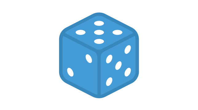 A blue six sided gaming die showing multiple dots on its top and side faces.