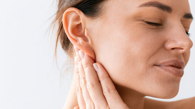 Jaw pain massage jaw tension cheek ear neck hand woman skin close up side view massage tension jawline face ear joint clench pain relaxation wellness healthcare therapy treatment facial profile