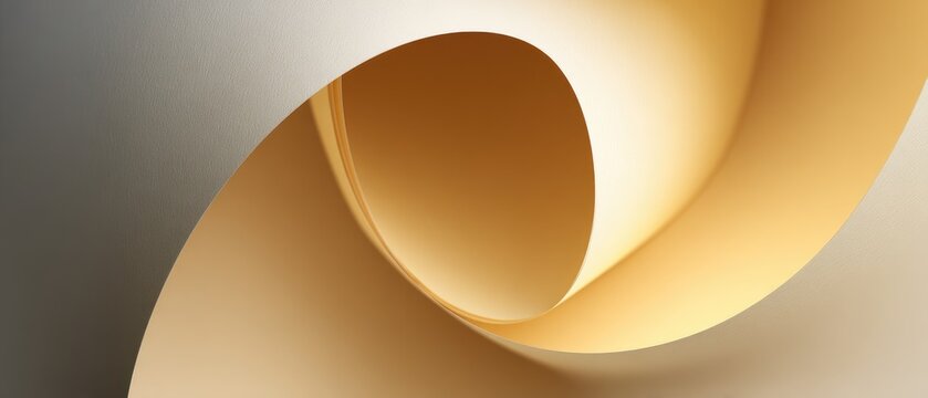Close-up of curled, golden paper layers, creating an abstract, organic form. The tones shift gradually from gray to warm beige, accentuating the curves