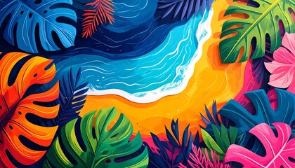Fototapeta premium Vibrant Tropical Beach Scene with Colorful Foliage and Ocean