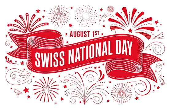 Swiss National Day Celebration August 1: Mountains, Flag, Alphorn, Goat, Edelweiss Illustration, Swiss National Day Celebration 1 August Typography