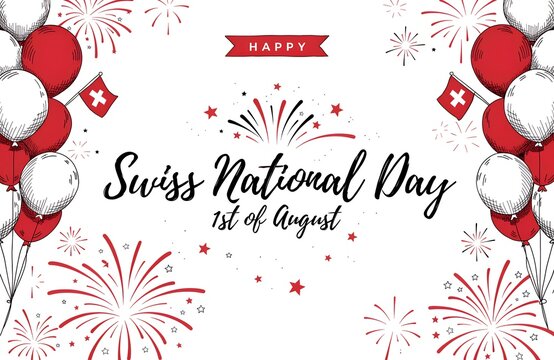 Swiss National Day Celebration August 1: Mountains, Flag, Alphorn, Goat, Edelweiss Illustration, Swiss National Day Celebration 1 August Typography